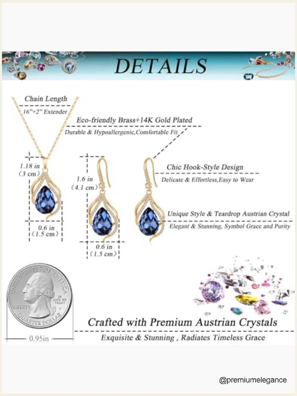 Austrian Crystal Teardrop Pendant Necklace and Drop Earrings Set 14K Gold Plated